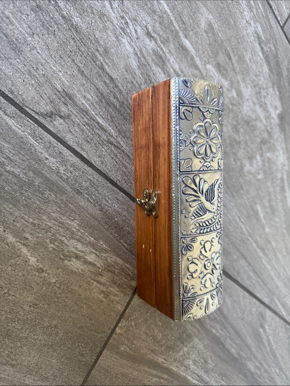 Embossed Metal and Wood Wall Hook - Brown and Silver